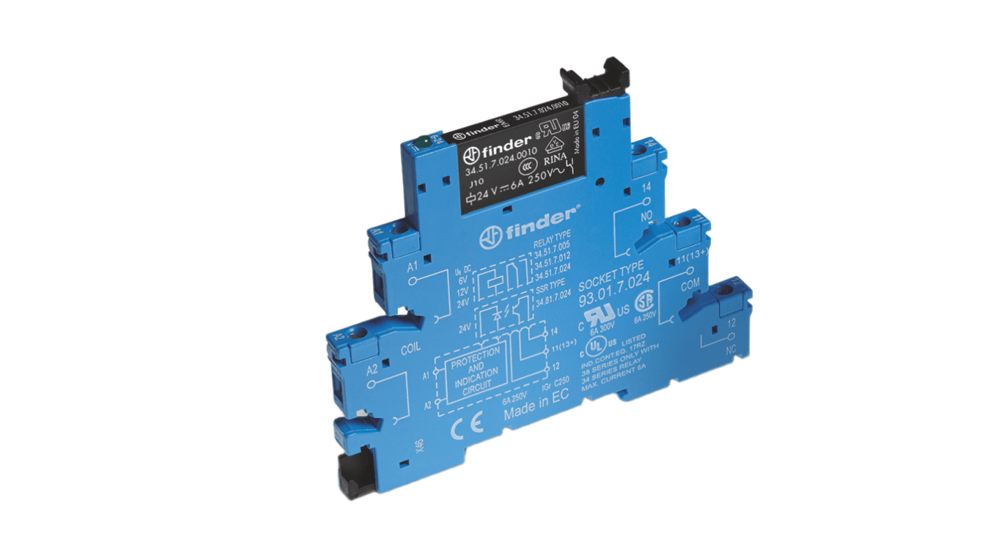 Finder 38.51 Series Electromechanical Interface Relay, DIN Rail Mount, 12V Coil, SPDT, 1-Pole, 6A Load