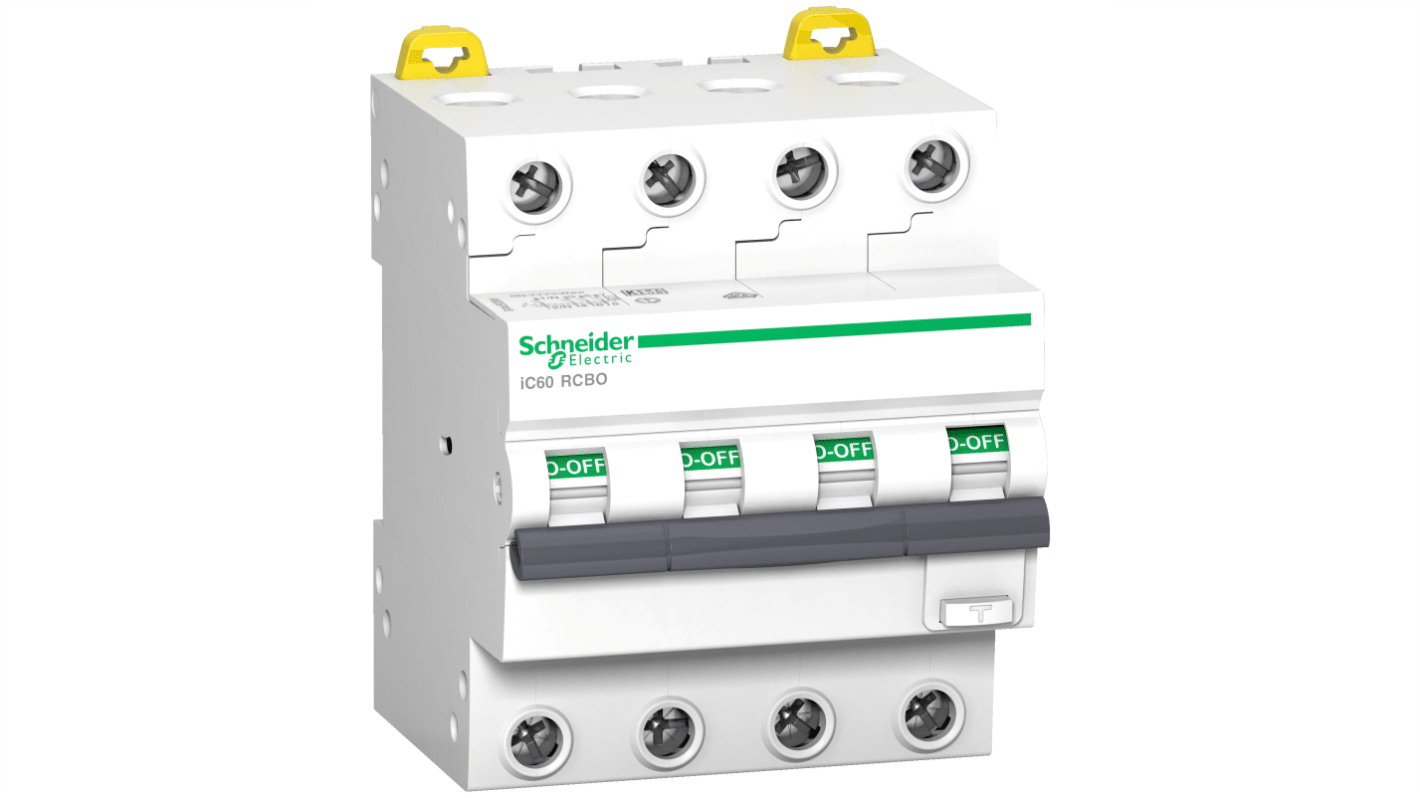 Schneider Electric RCBO, 16A Current Rating, 4P Poles, 30mA Trip Sensitivity, Type B, Acti9 Range