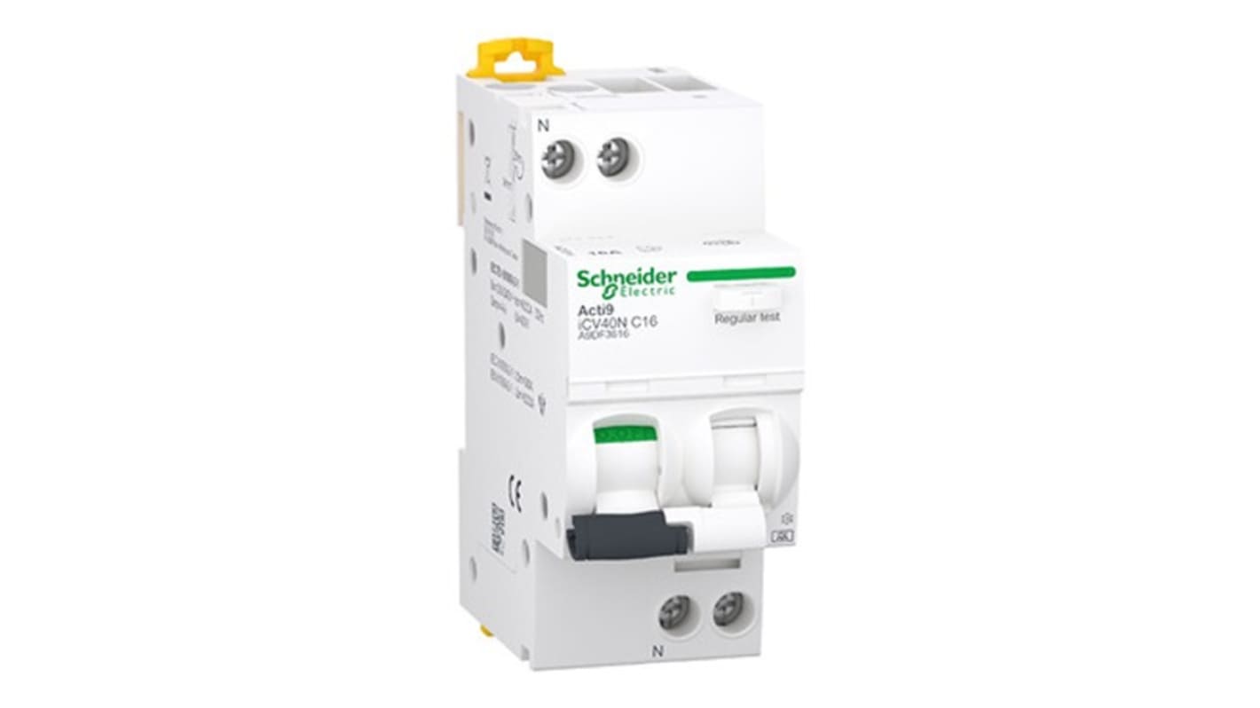Schneider Electric RCBO, 16A Current Rating, 1P+N Poles, 30mA Trip Sensitivity, Type C, Acti9 Range
