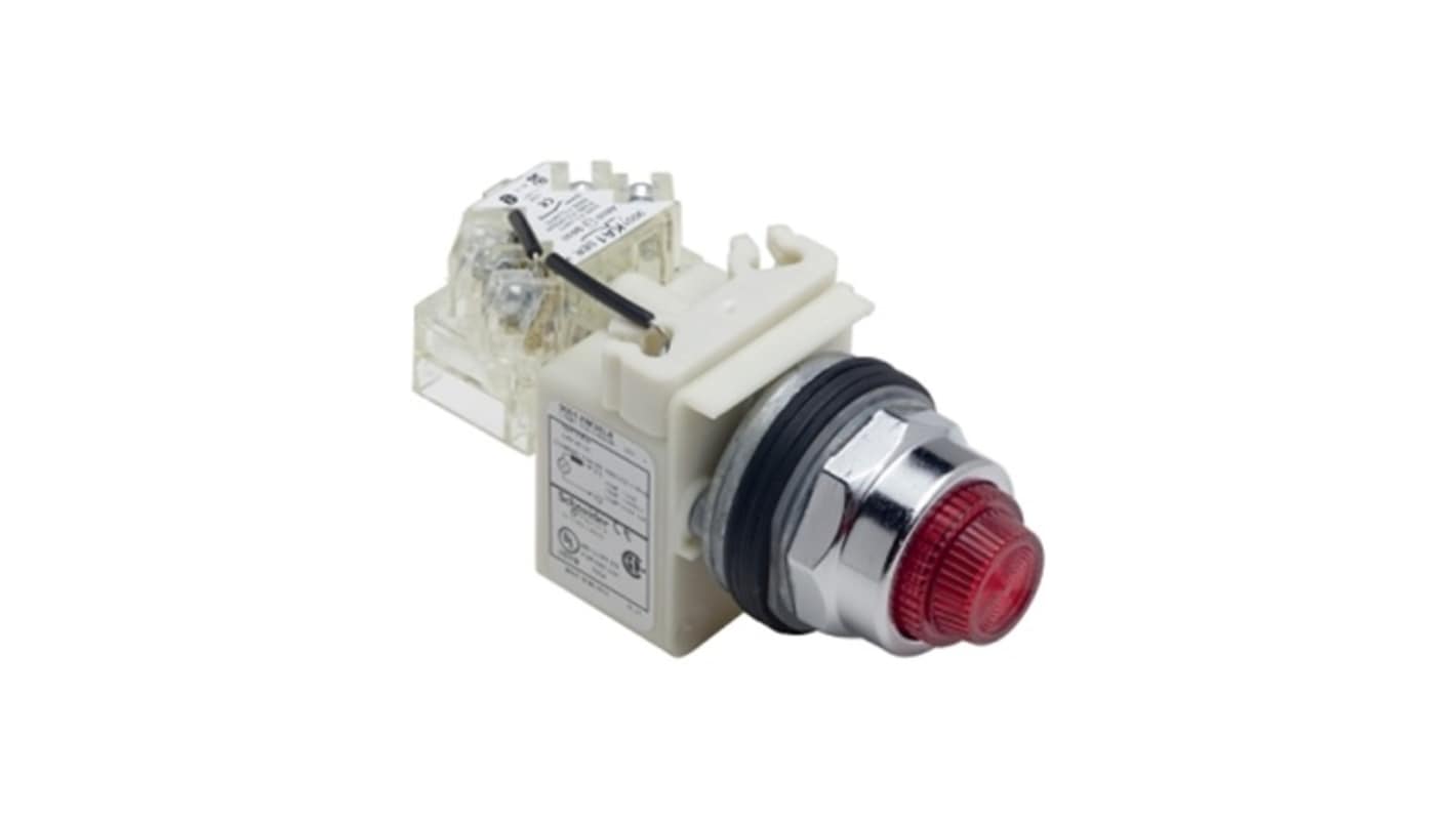 Schneider Electric, 9001K, Panel Mount Red LED Pilot Light, 30mm Cutout, IP66, Round, 120V ac/dc