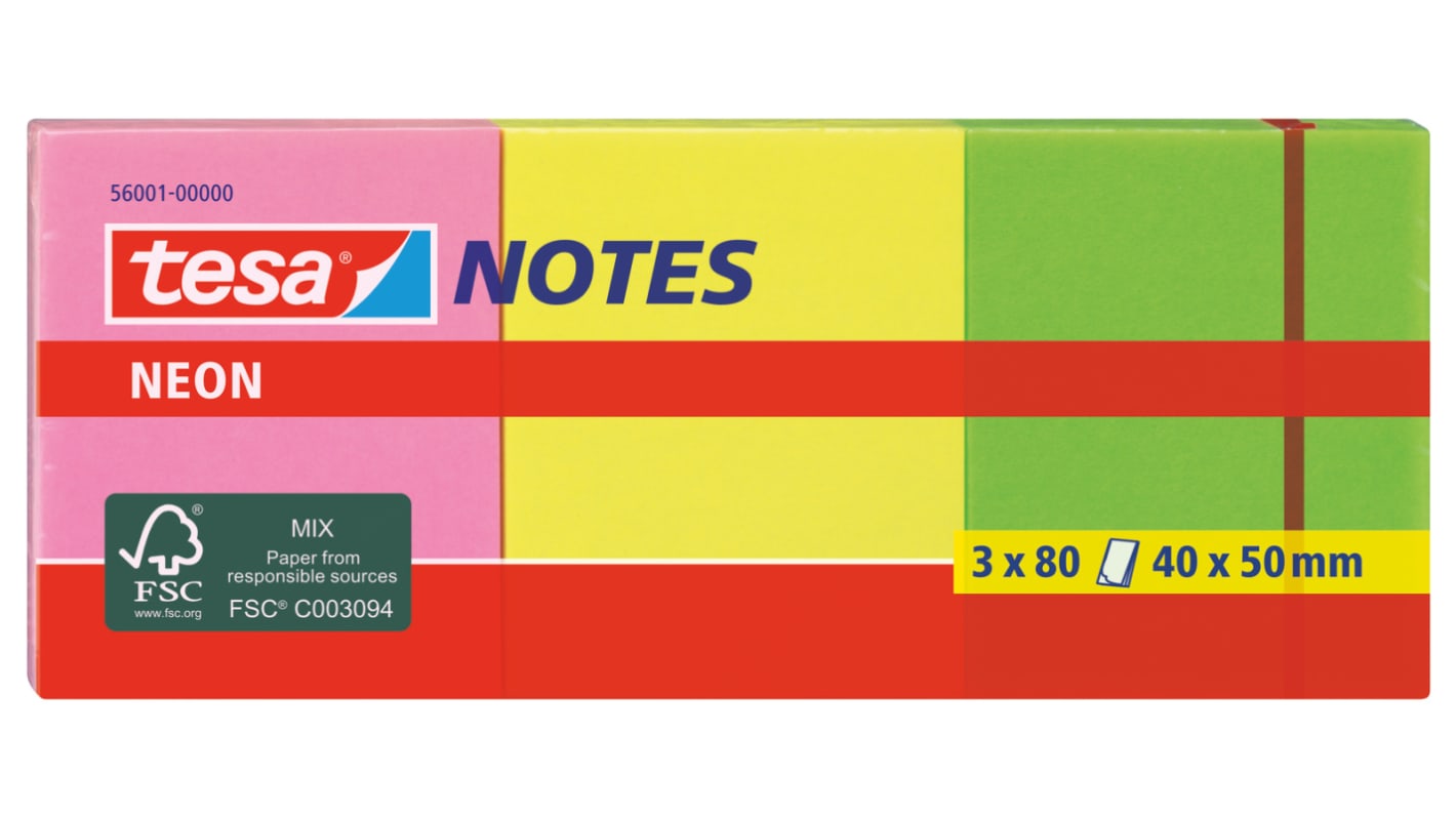 Tesa Green, Orange, Pink, Yellow Sticky Note, 100 Notes per Pad, 50mm x 40mm