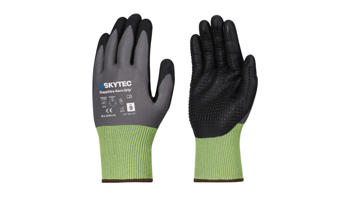 Skytec Sapphire Aero Grip Black, Grey HPPE Cut Resistant Work Gloves, Size Extra Small, Nitrile Foam Coating