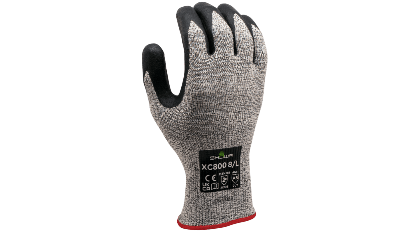 Showa XC800 Black, White HPPE Abrasion Resistant, Cut Resistant Work Gloves, Size Medium, Microporous Nitrile Coating