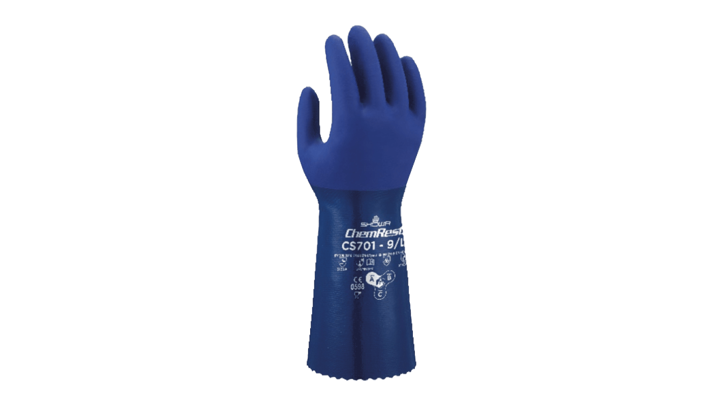 Showa CS701 Blue Polyester Chemical Resistant Work Gloves, Size Medium, Nitrile Coating