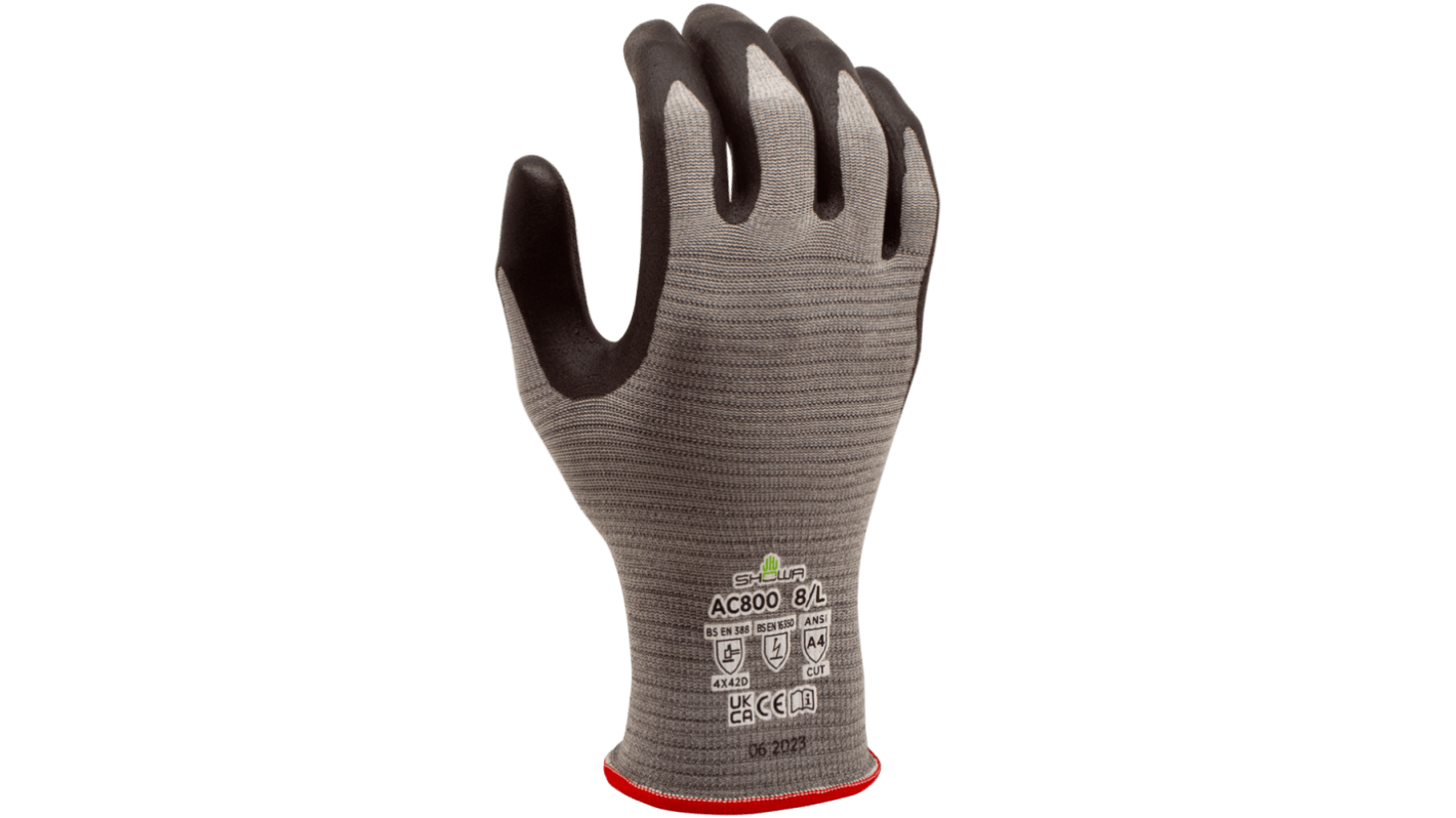 Showa AC800 Black, Grey 18 Gauge Microfibre Cut Resistant, Latex Free Work Gloves, Size XL, Microporous Nitrile Coating