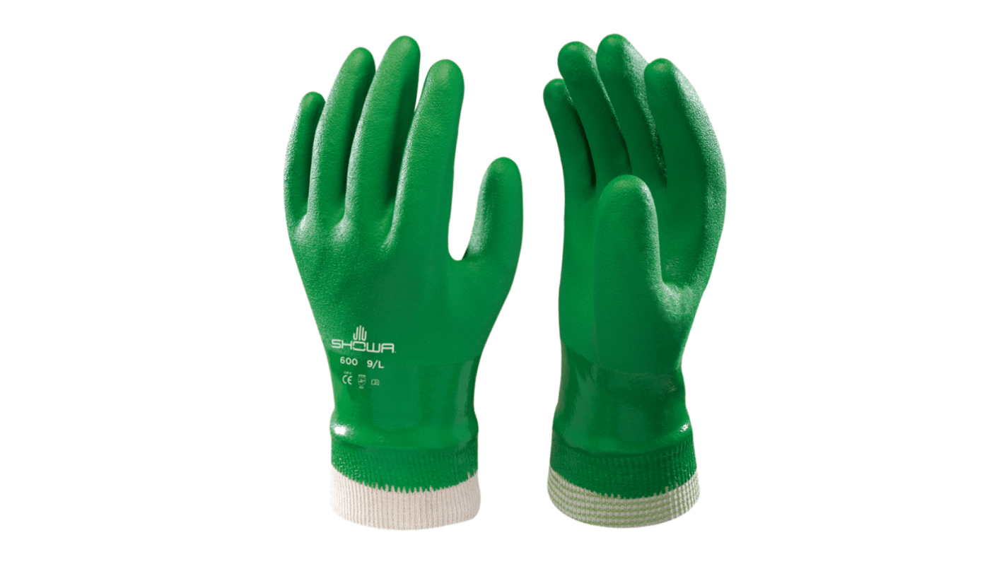 Showa 600 Green Cotton Abrasion Resistant, General Purpose, Waterproof Work Gloves, Size Small, PVC Coating