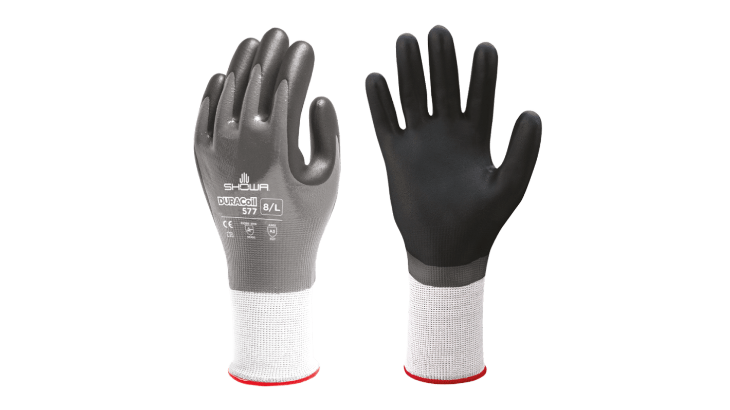 Showa 577 Black, Grey HPPE, Polyester Abrasion Resistant, Cut Resistant Work Gloves, Size Small, Foam, Nitrile Coating