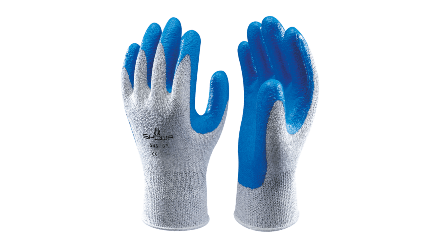 Showa 545 Blue, White HPPE Abrasion Resistant, Cut Resistant Work Gloves, Size Large, Nitrile Coating