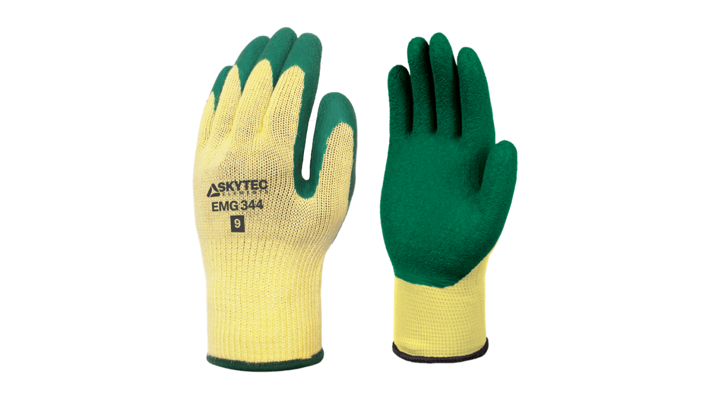 Skytec EMG344 Green, Yellow Cotton, Polyester Abrasion Resistant, Extra Grip Work Gloves, Size XXL, Latex Coating