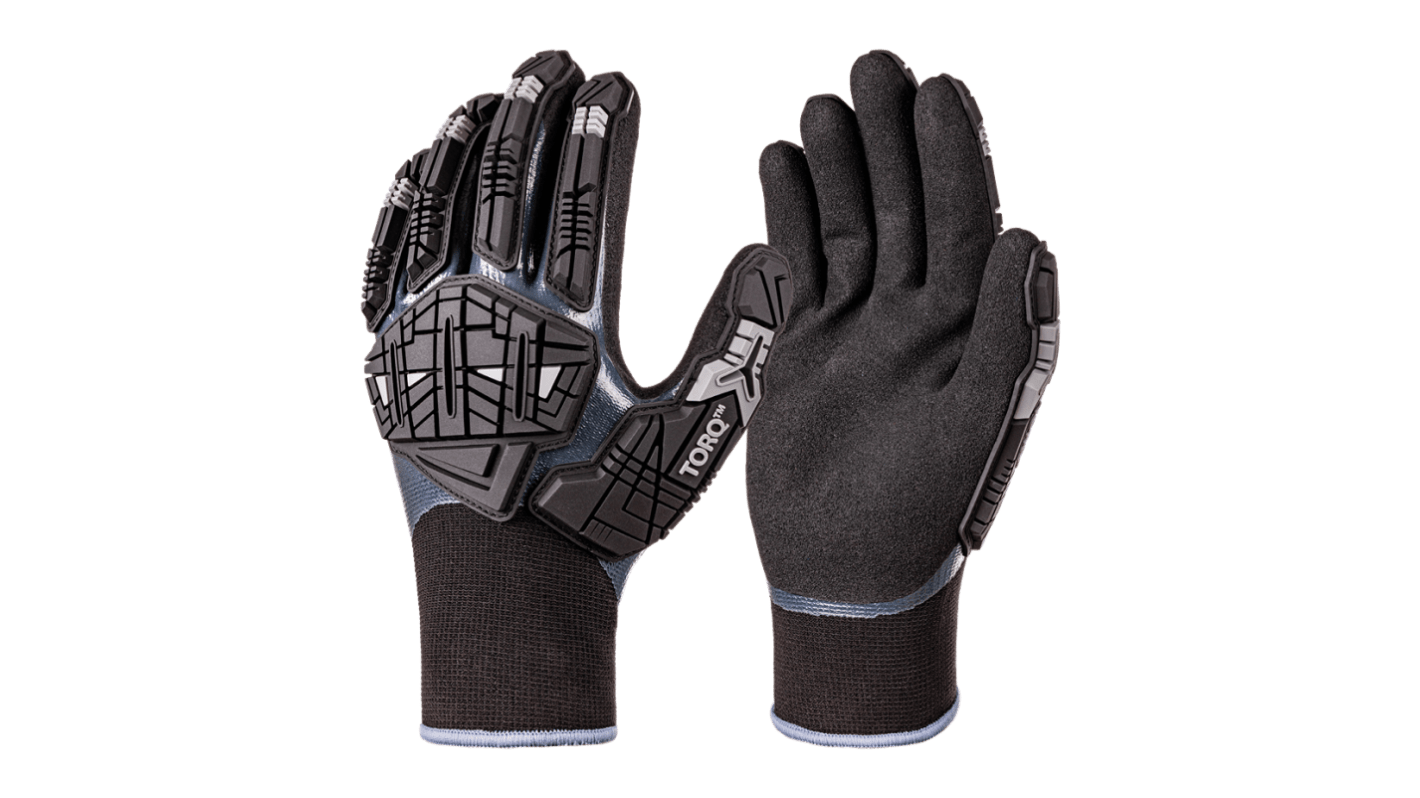 Skytec Torq Cyclone Black, Grey Nylon Impact Protection Work Gloves, Size Medium, Nitrile Coating