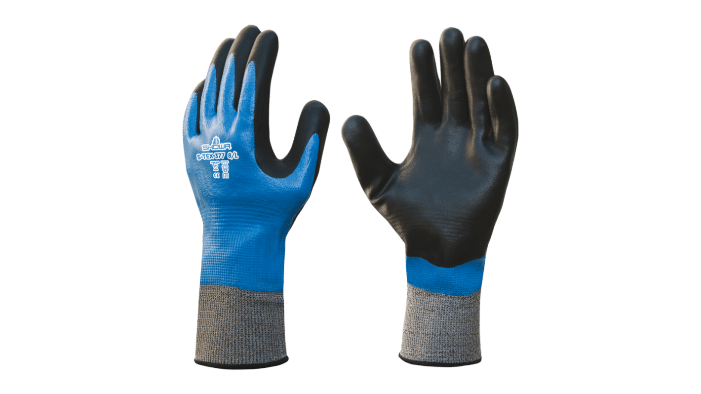 Showa S-Tex 377 Black, Blue 13 Gauge Hagane Coil Abrasion Resistant, Cut Resistant Work Gloves, Size Small, Nitrile