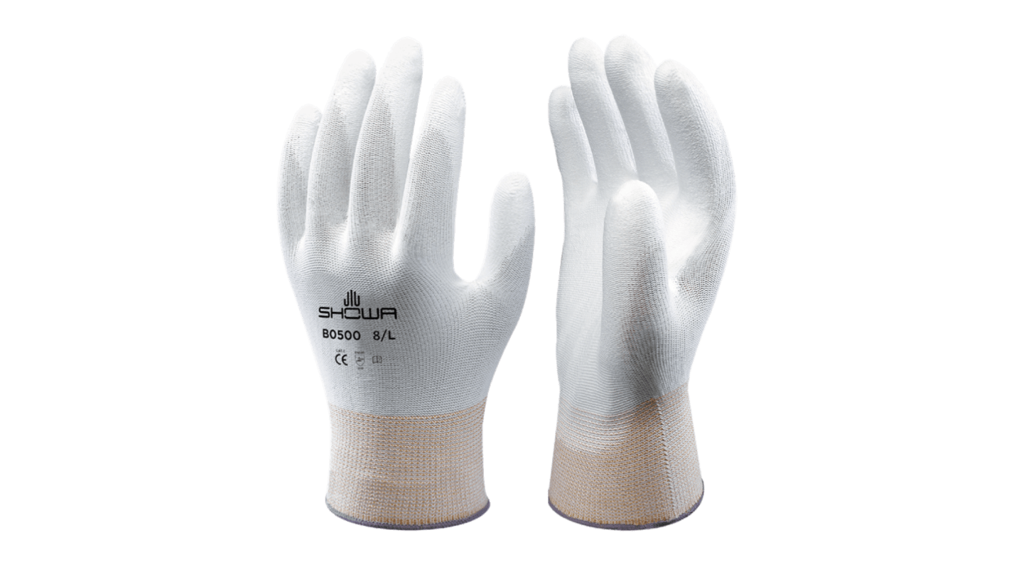 Showa BO500 White White Nylon Extra Grip, Good Dexterity Work Gloves, Size XL, Polyurethane Coating