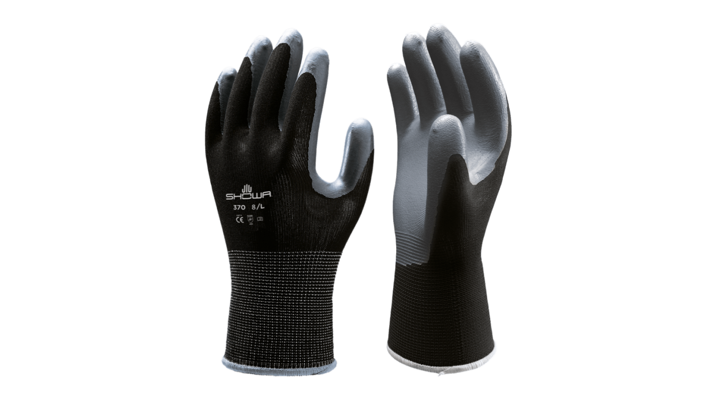 Showa 370 Black Black, Grey Nylon Abrasion Resistant, Anti-Slip, General Purpose, Good Dexterity, Tear Resistant Work
