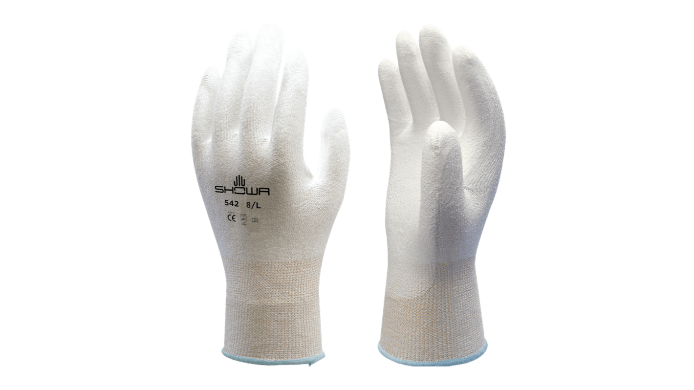 Showa 542 White HPPE Abrasion Resistant, Cut Resistant Work Gloves, Size Medium, Polyurethane Coating