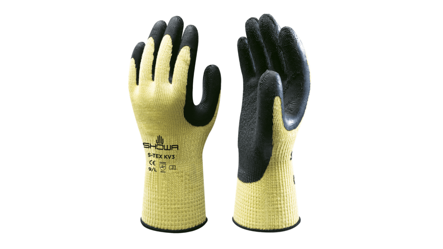 Showa S-TEX KV3 Black, Yellow 10 Gauge Hagane Coil Abrasion Resistant, Cut Resistant Work Gloves, Size Small, Latex