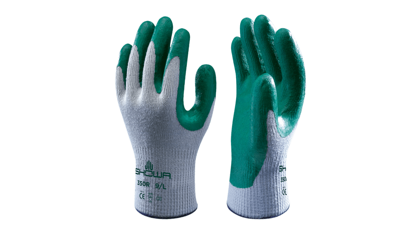 Showa 350R Green, Grey Cotton, Polyester Extra Grip, Good Dexterity Work Gloves, Size Medium, Nitrile Coating