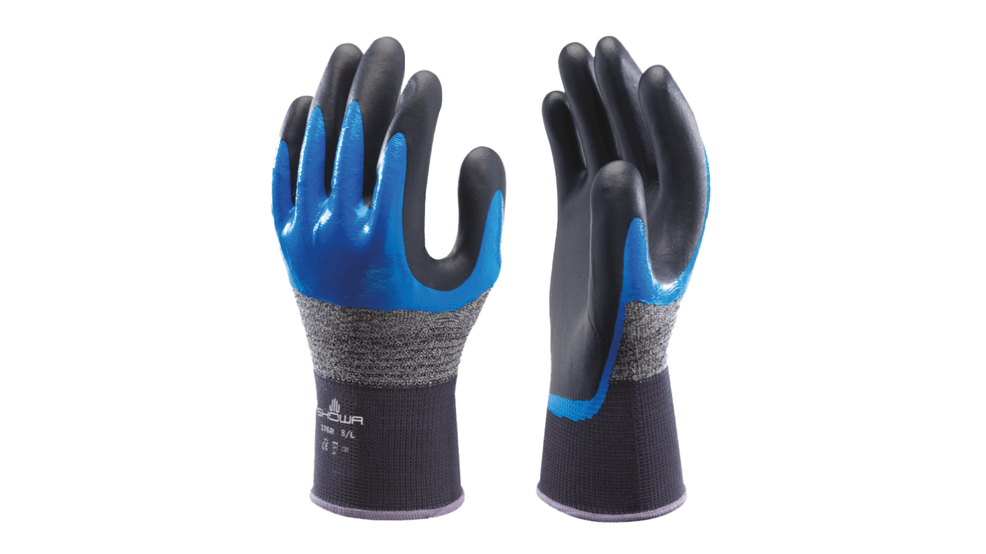 Showa 376R Black, Blue Nylon, Polyester Abrasion Resistant, Anti-Slip, General Purpose, Good Dexterity, Tear Resistant