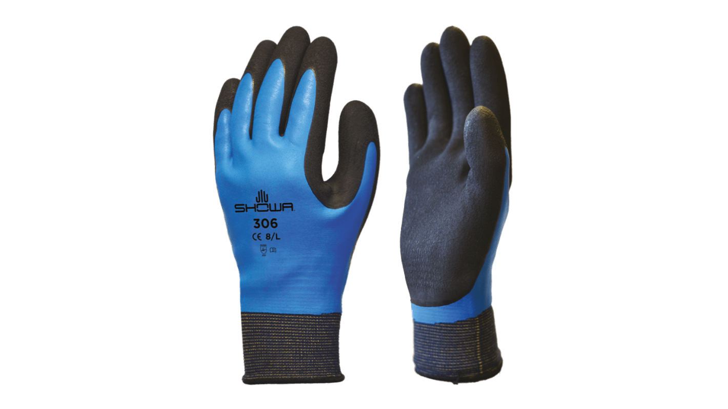 Showa 306 Black, Blue Nylon, Polyester Abrasion Resistant, General Purpose, Waterproof Work Gloves, Size Small, Latex
