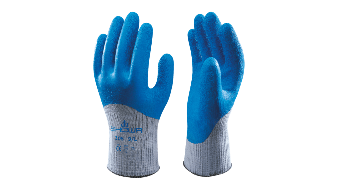 Showa 305 Blue, Grey Cotton, Polyester Mechanical Protection Work Gloves, Size Large, Latex Coating