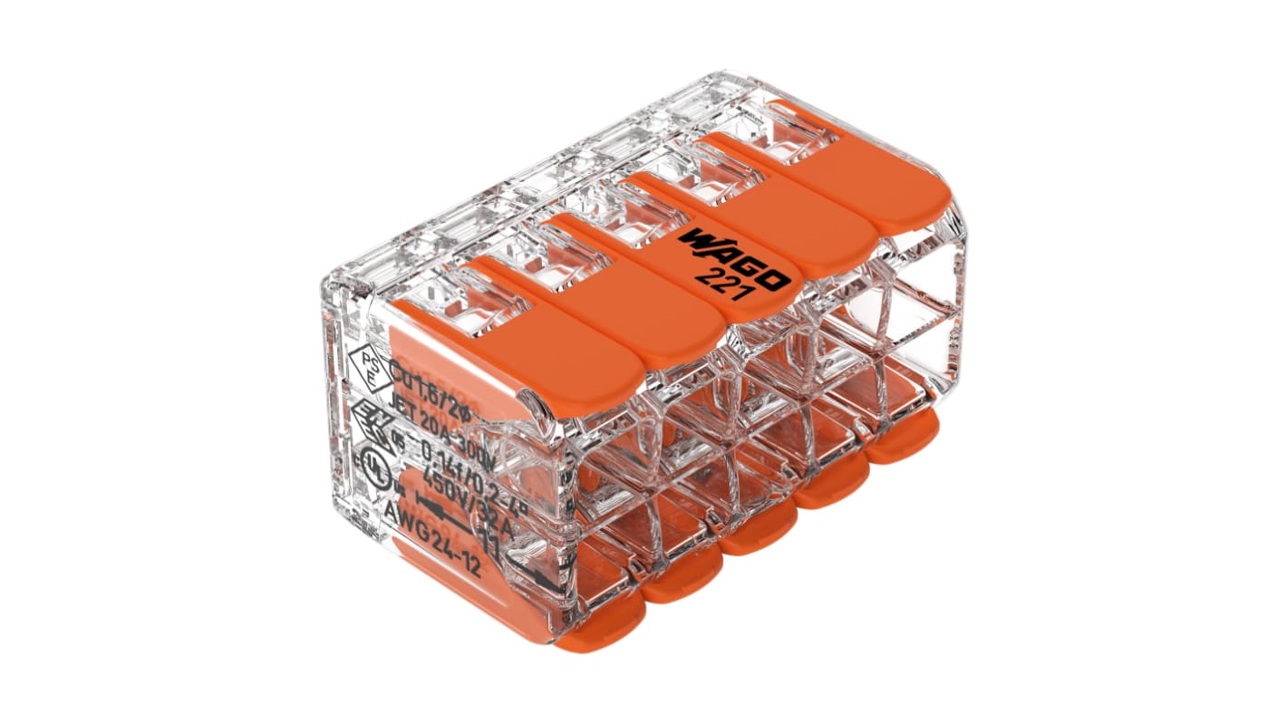 WAGO 221 Series Splice Connector, 10-Way, 32A, 12 → 24 AWG Wire, Cage Clamp Termination