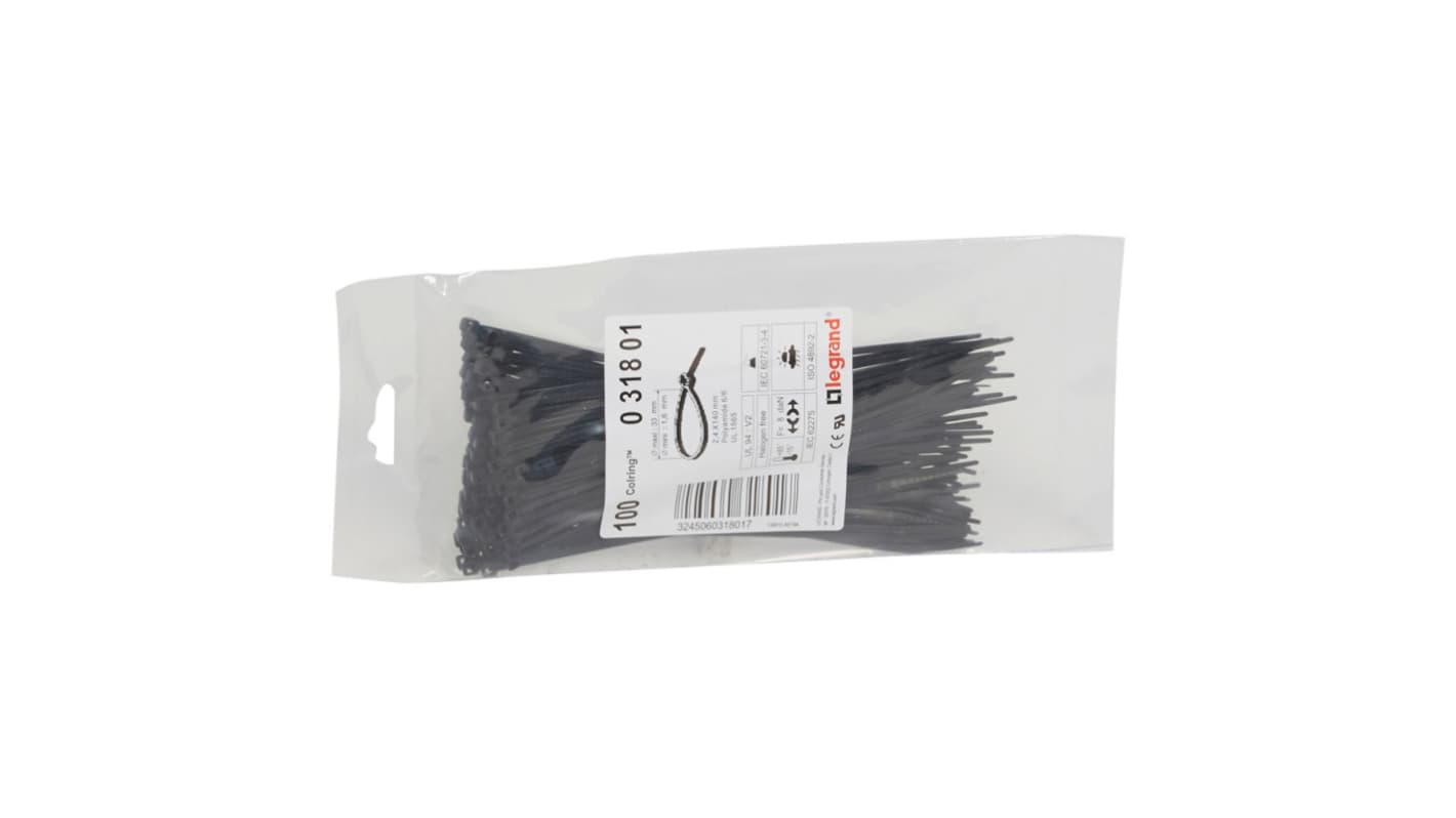 Legrand Cable Tie, Cable Ties, 140mm x 2.4 mm, Black Plastic, Pk-100units