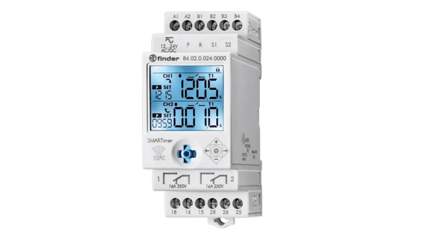 Finder 84 Series Series DIN Rail Mount Digital Timer, 12 → 24V ac/dc, 2-Contact, 0.1 s → 9999h, DPDT