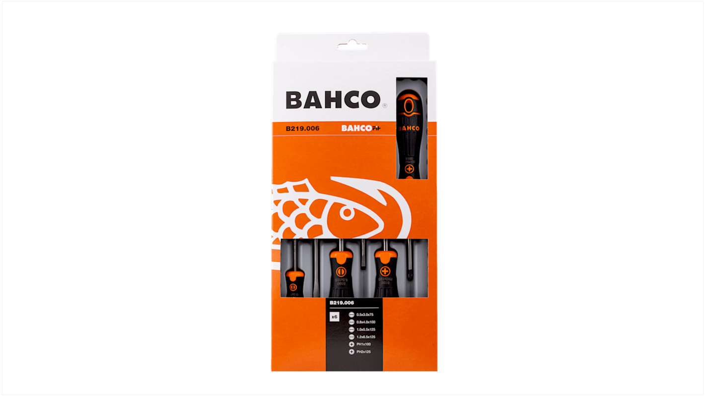 Set di cacciaviti Bahco B219.006, 6 pezzi Phillips, a taglio, lama Punta nera, cromata
