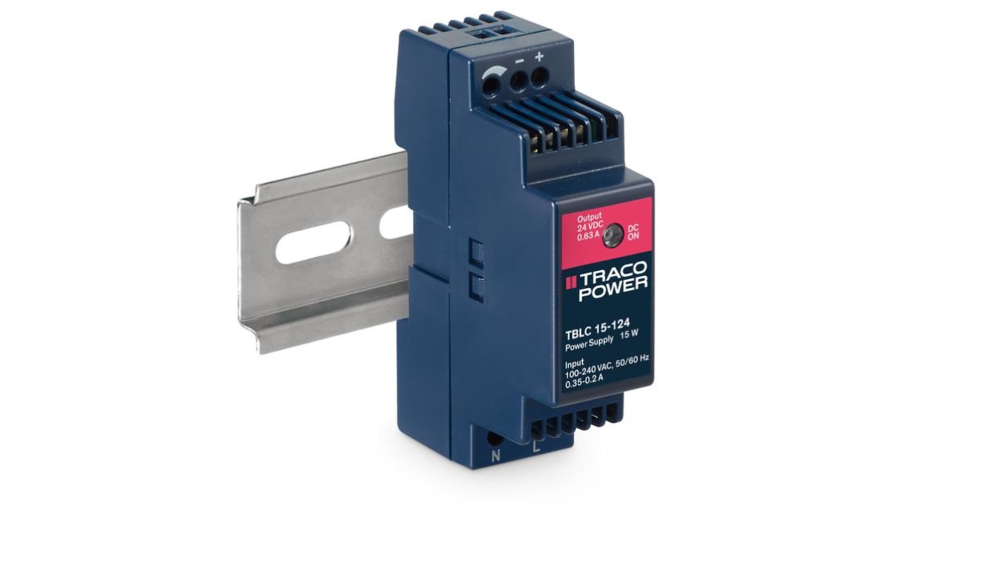 TRACOPOWER TBLC 15 Switched Mode DIN Rail Power Supply, 85 → 264V ac ac Input, 24V dc dc Output, 630mA Output,