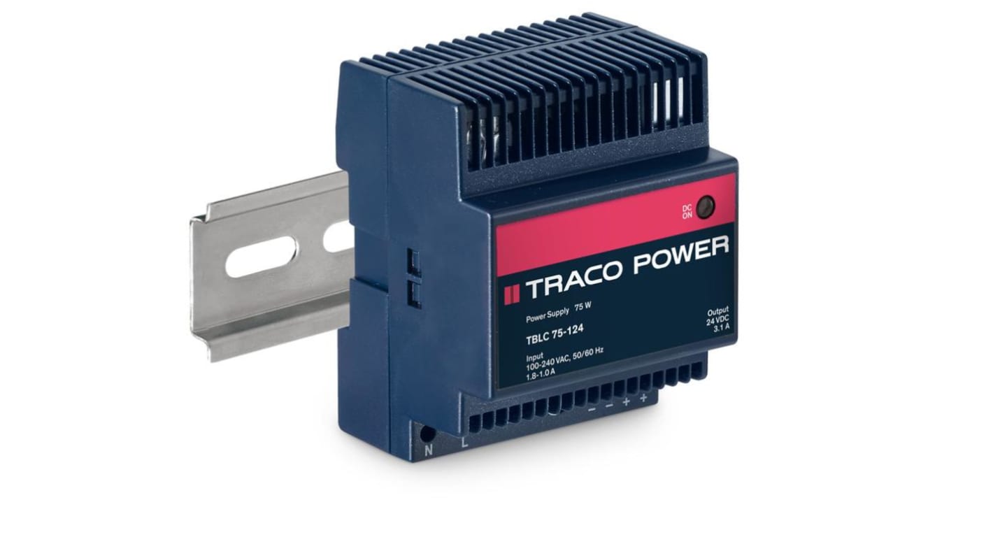 TRACOPOWER TBLC Switched Mode DIN Rail Power Supply, 85 → 264V ac ac Input, 24V dc dc Output, 3.1A Output, 75W