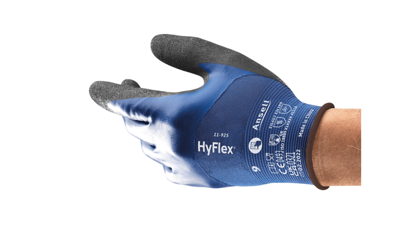 Ansell HyFlex 11-925 Blue Nylon, Spandex Oil Resistant Work Gloves, Size 10, Nitrile Coating
