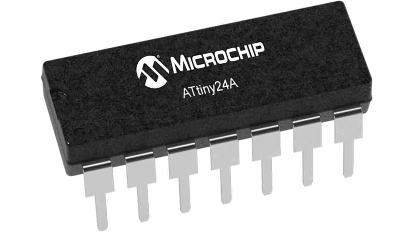 Mikrokontroler Microchip ATtiny24A PDIP 14-pinowy Montaż powierzchniowy AVR 2 kB 8bit CAN: 20MHz RAM:128 B Ethernet: