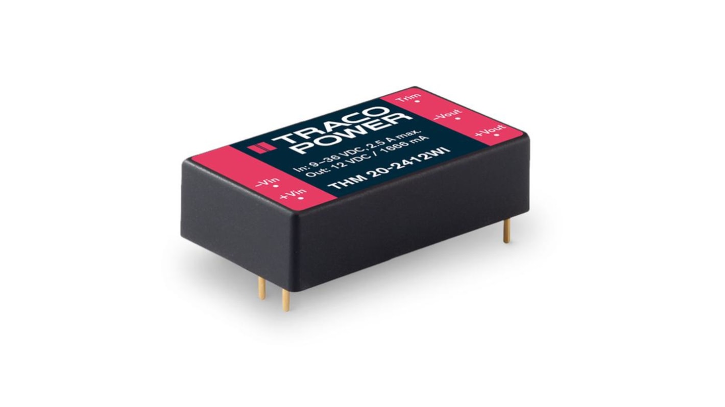 TRACOPOWER THM 20 WI DC-DC Converter, 12V dc/ 1.67A Output, 9 → 75 V dc Input, 20W, PCB Mount, +80°C Max Temp