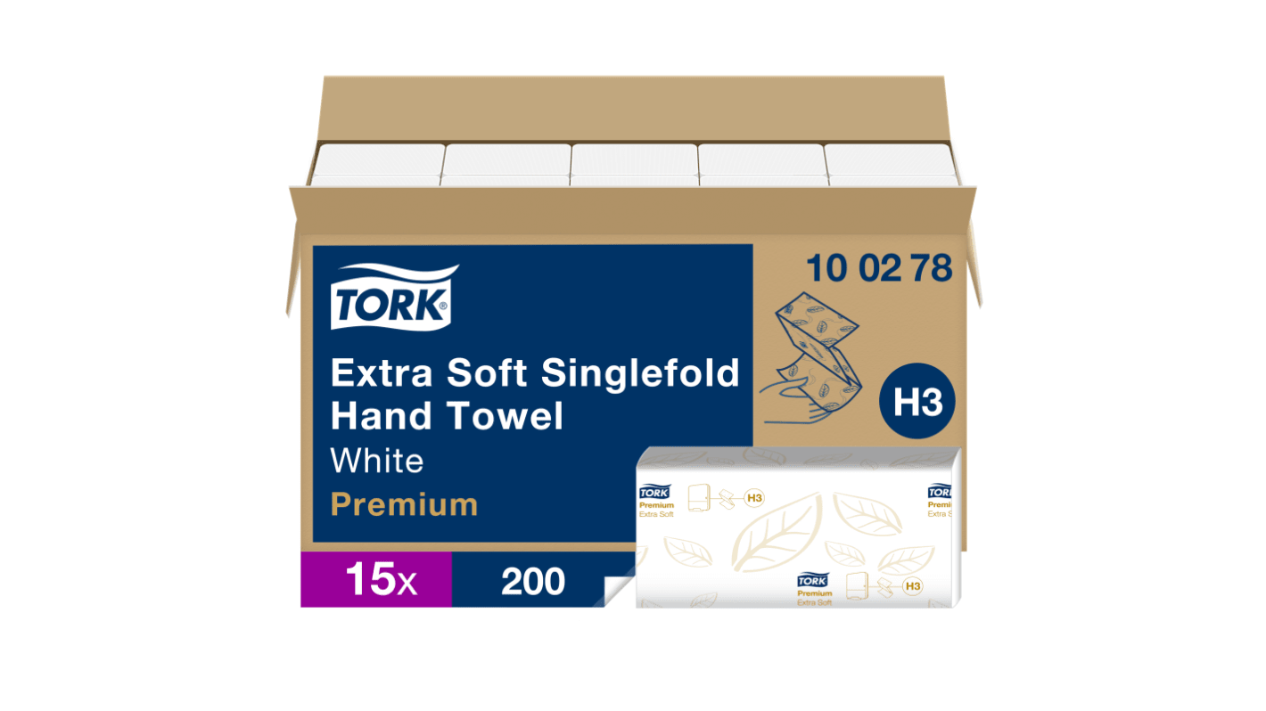 Tork QuickDry™ Extra Soft Premium Folded White Paper Towel, 115 x 226 (Folded)mm, 2-Ply, 200 x 15 Sheets