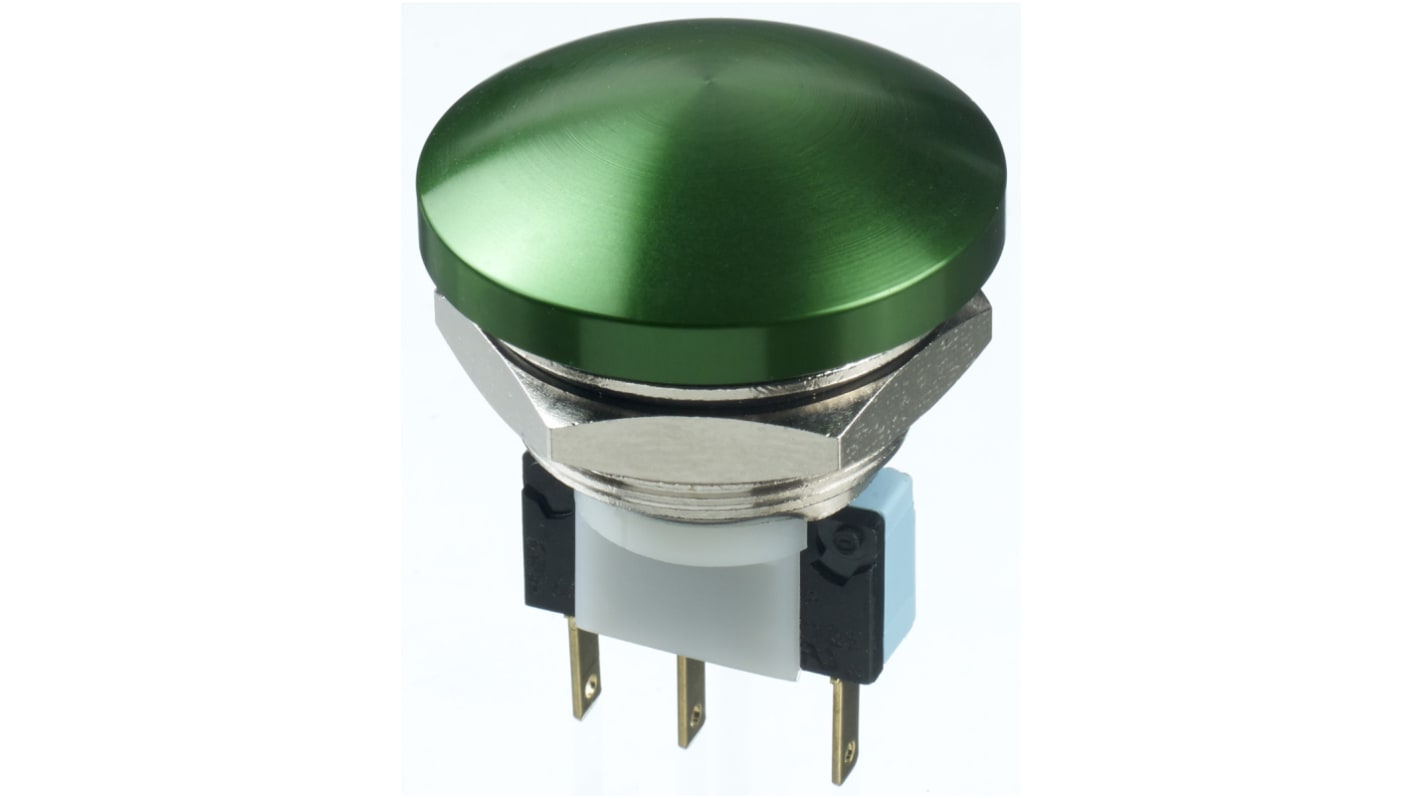 Interruptor de Botón Pulsador APEM, color de botón Verde, DPDT, acción momentánea, 5 A, 250V ac, Montaje en Panel, IP65