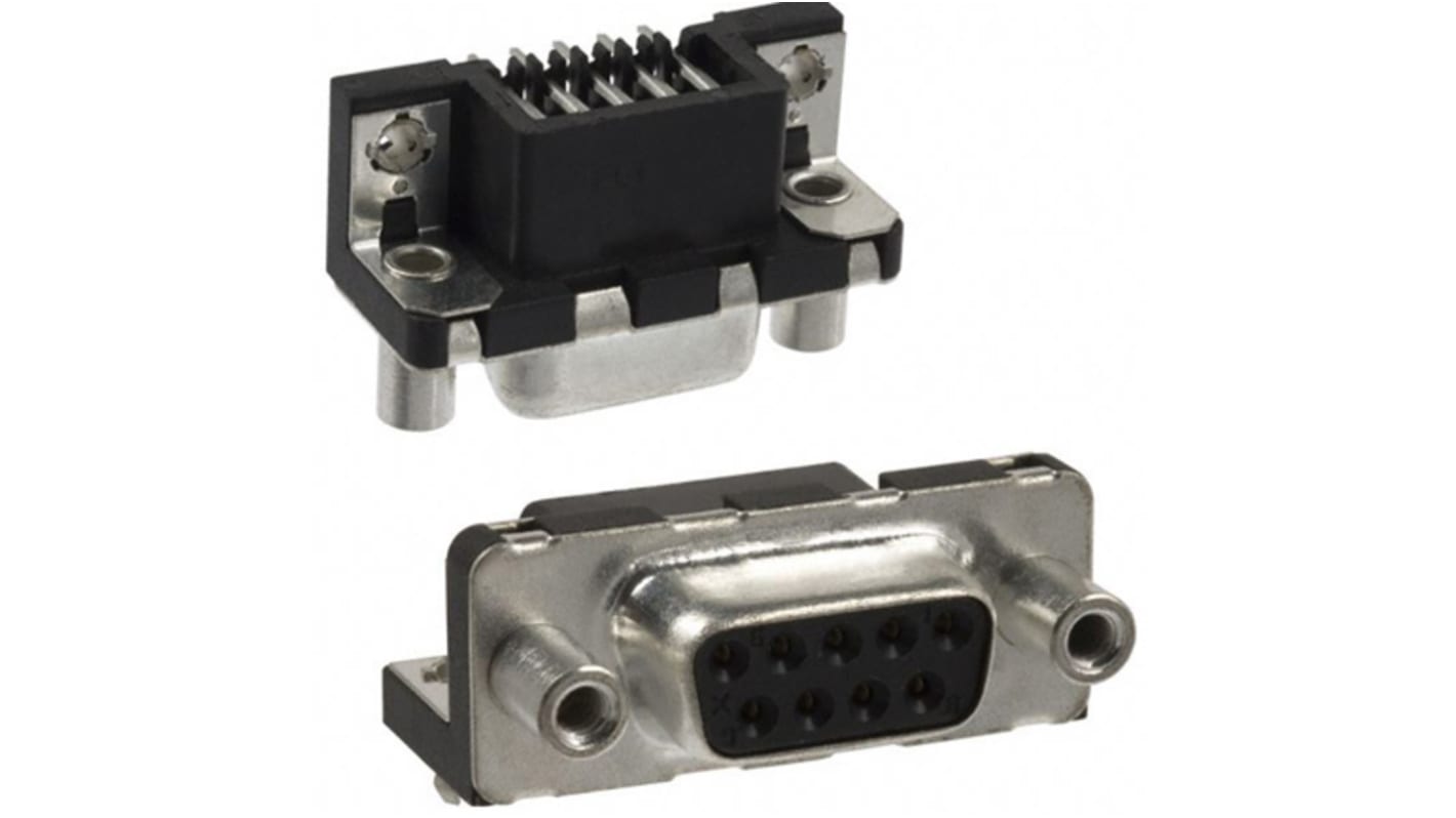 Amphenol Communications Solutions DB9针标准D-Sub母座, 直角, 插入式安装, 焊接端接, 300.0 v, 5.0A