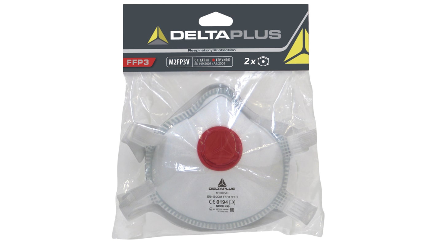 Delta Plus M1300 Series Disposable Face Mask for General Purpose Protection, FFP3, Valved, Moulded 2 per Package