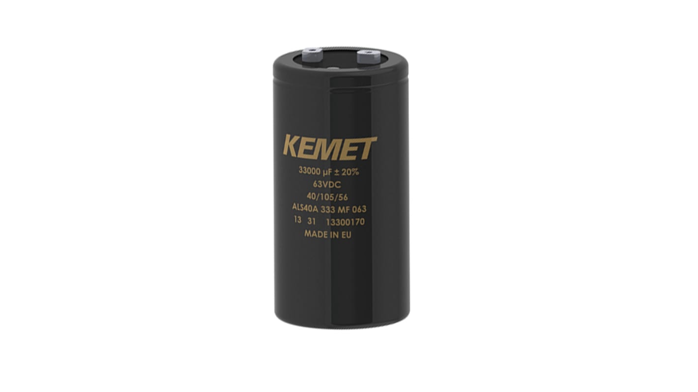 Condensador electrolítico KEMET serie ALS80, 30000μF, ±20%, 250V dc, mont. roscado, 90 (Dia.) x 220mm, paso 31.8mm