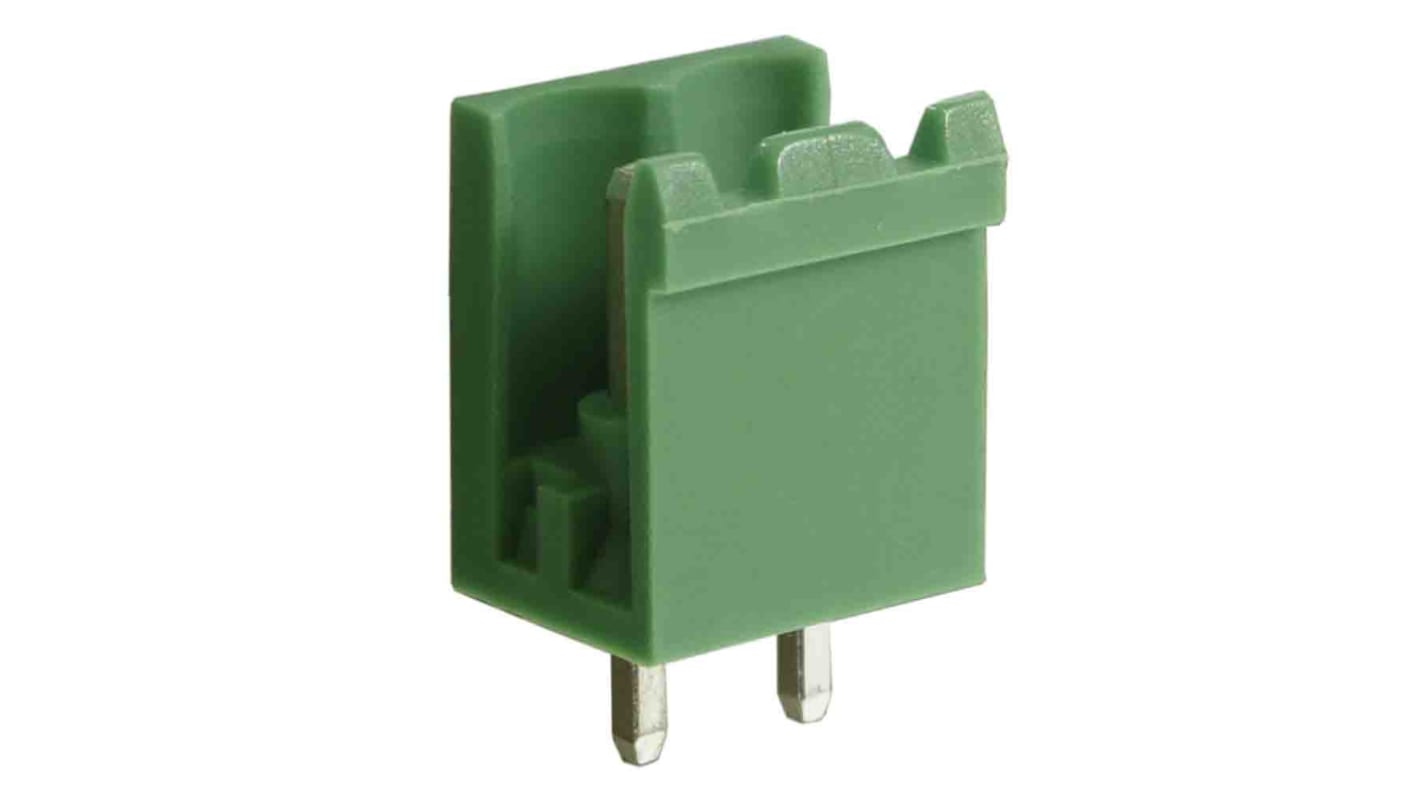 Borne para PCB Macho Ángulo recto RS PRO de 2 vías , paso 5.08mm, de color Verde, montaje Montaje en orificio pasante,