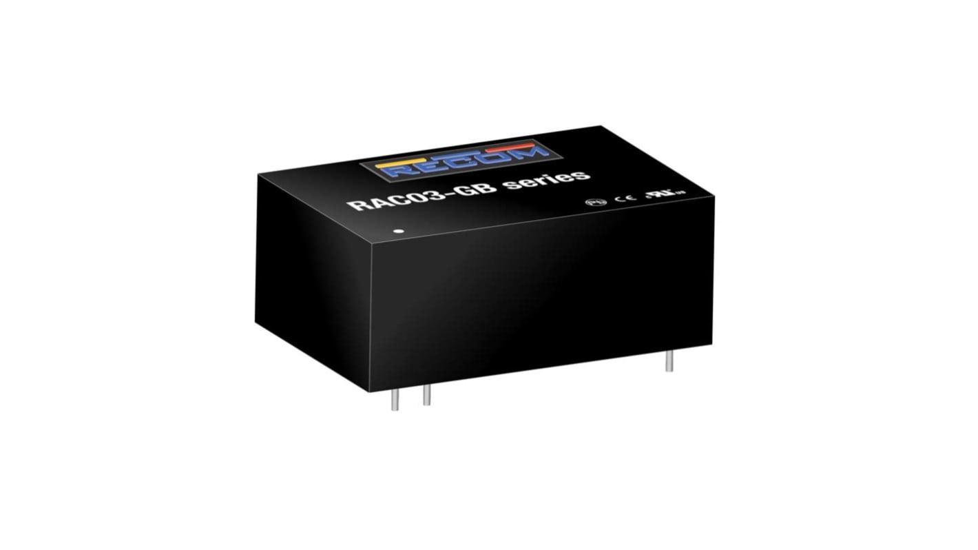 Recom Switching Power Supply, RAC03-12SGB, 12V dc, 250mA, 3W, 1 Output, 85 → 305V ac Input Voltage