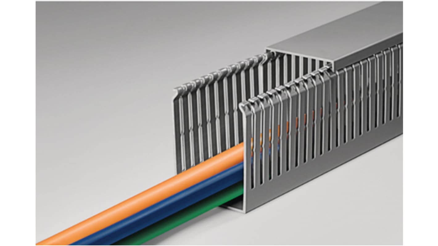 HellermannTyton HTWD-PN Grey Slotted Panel Trunking - Open Slot, W120 mm x D80mm, L2m, PVC