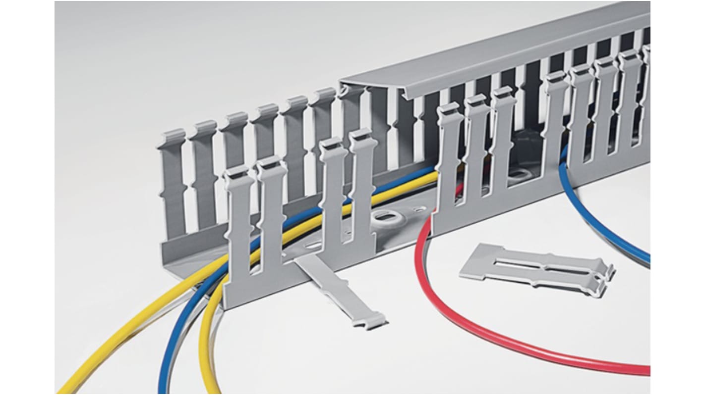 HellermannTyton HTWD-PW Grey Slotted Panel Trunking - Open Slot, W40 mm x D100mm, L2m, PVC