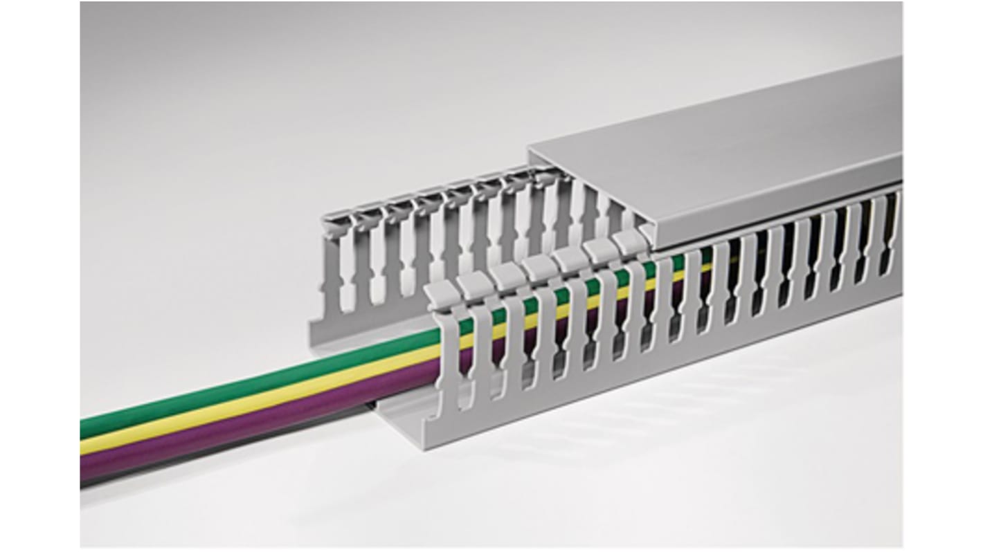 HellermannTyton HTWD-HF Grey Slotted Panel Trunking - Open Slot, W60 mm x D60mm, L2m, Halogen Free PC/ABS