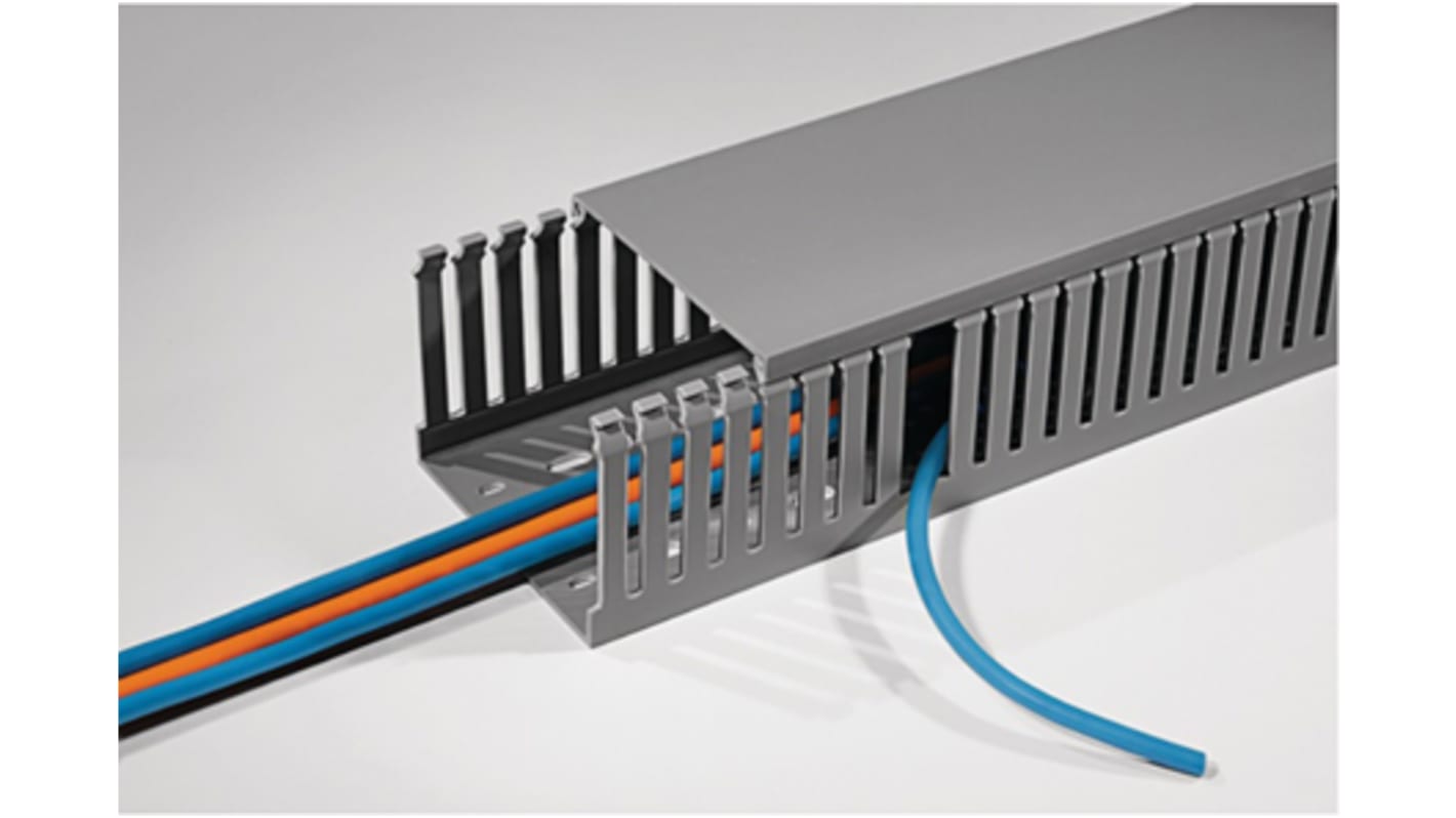 HellermannTyton HTWD-PD Grey Slotted Panel Trunking - Open Slot, W37.5 mm x D50mm, L2m, PVC