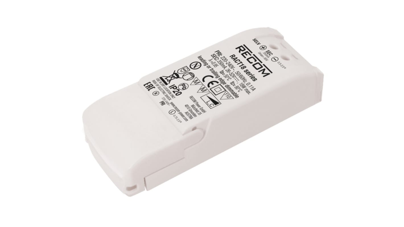 Recom LED Driver, 9 → 18V dc Output, 18W Output, 1.05A Output, Constant Current Dimmable