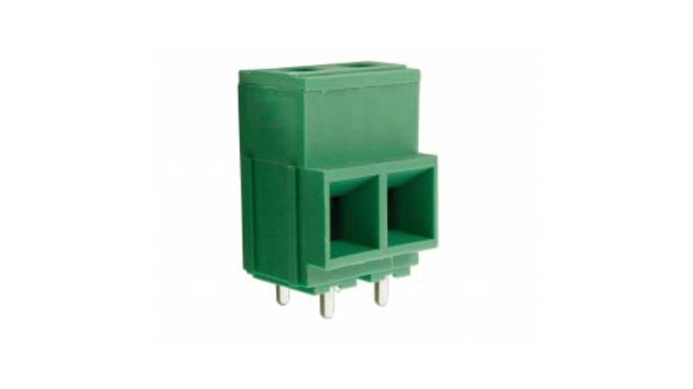 Borne para PCB Macho RS PRO de 2 vías , paso 10.16mm, 52A, de color Verde, montaje Montaje en orificio pasante,