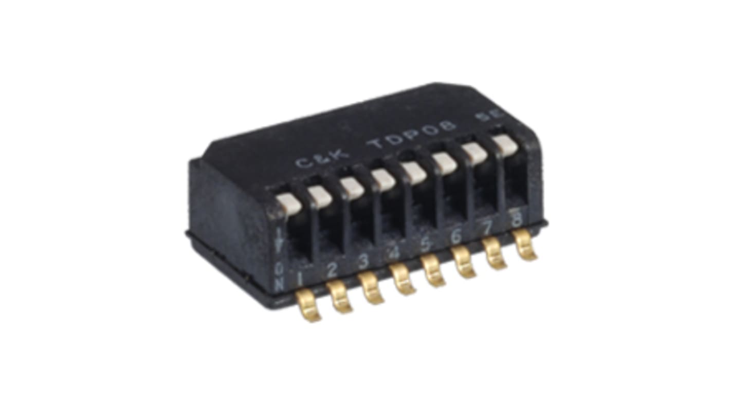 Interruptor Dip Piano, SPST, Montaje superficial, Actuador Enrasado, Piano, Rebajada, 25 mA a 24 V dc, 8 vías, -40