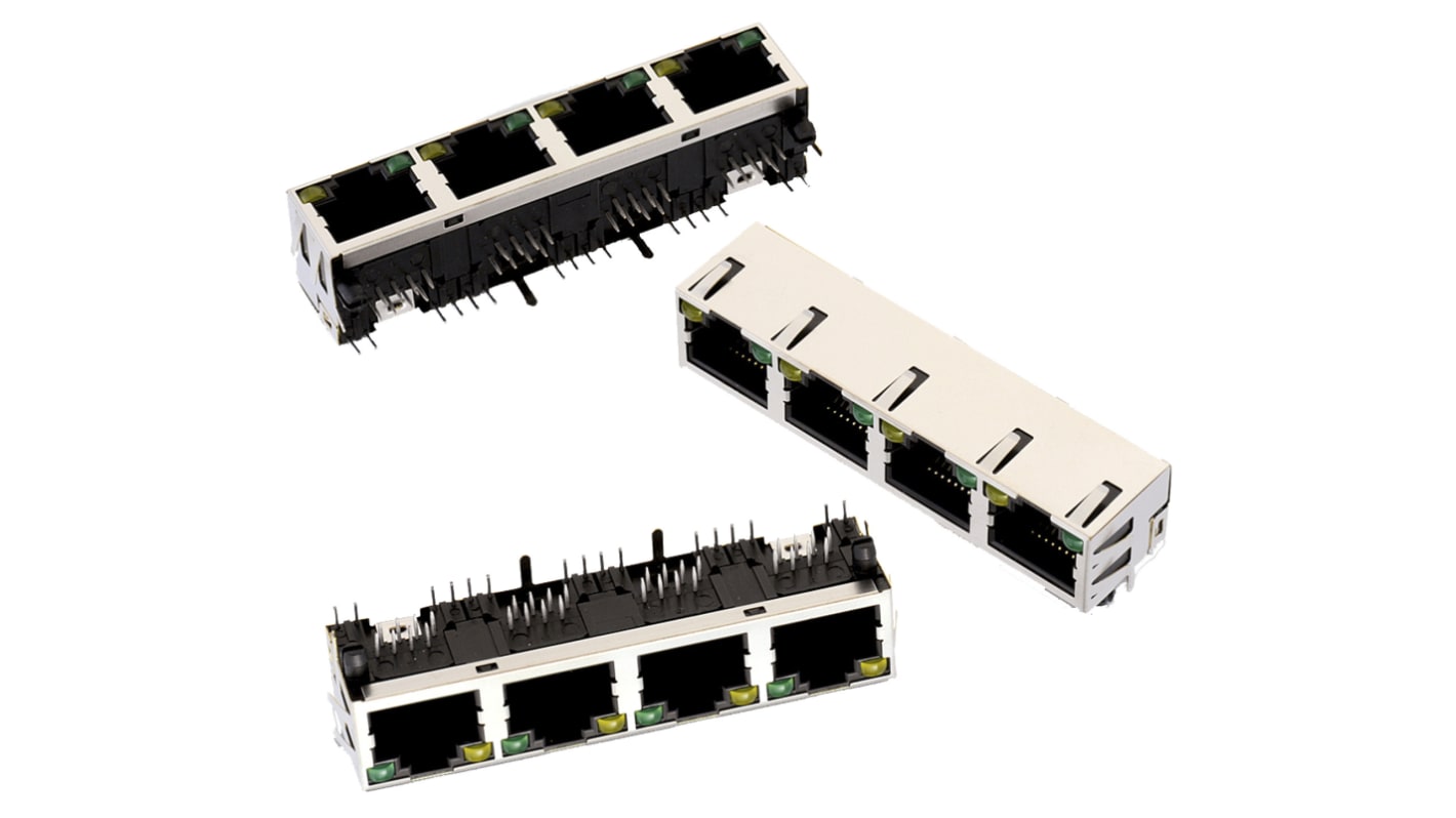 Wurth Elektronik WR-MJ Series Female RJ45 Connector, PCB Mount, Nickel Plated Bronze Shield Horizontal 4 Port 8 -Way