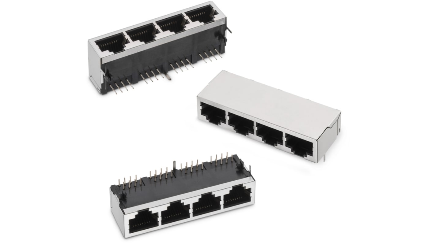 Wurth Elektronik WR-MJ Series Female RJ45 Connector, PCB Mount, Nickel Plated Bronze Shield Horizontal 4 Port 8 -Way