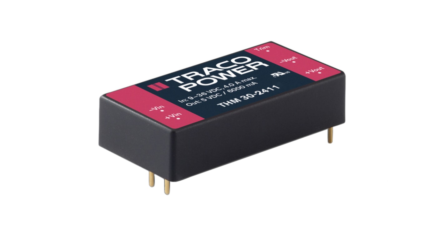 TRACOPOWER THM 30 DC-DC Converter, 15V dc/ 2A Output, 18 → 36 V dc Input, 30W, Through Hole, +80°C Max Temp