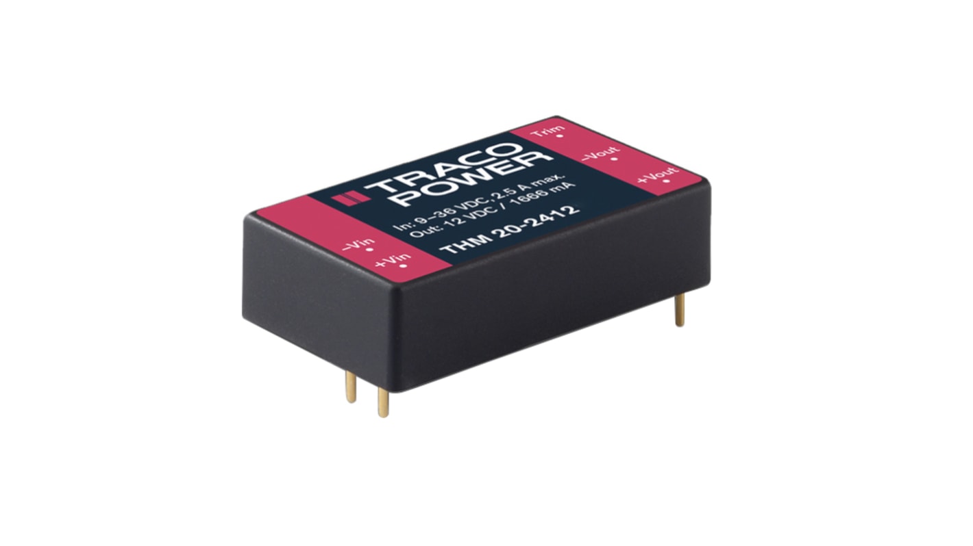 TRACOPOWER THM 20 DC-DC Converter, 24V dc/ 833mA Output, 18 → 36 V dc Input, 20W, Through Hole, +80°C Max Temp